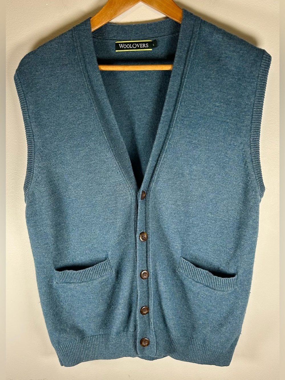 WoolOvers Men’s Cardigan Vest Sz L Blue Pure New Wool Vneck Button Front Sweater